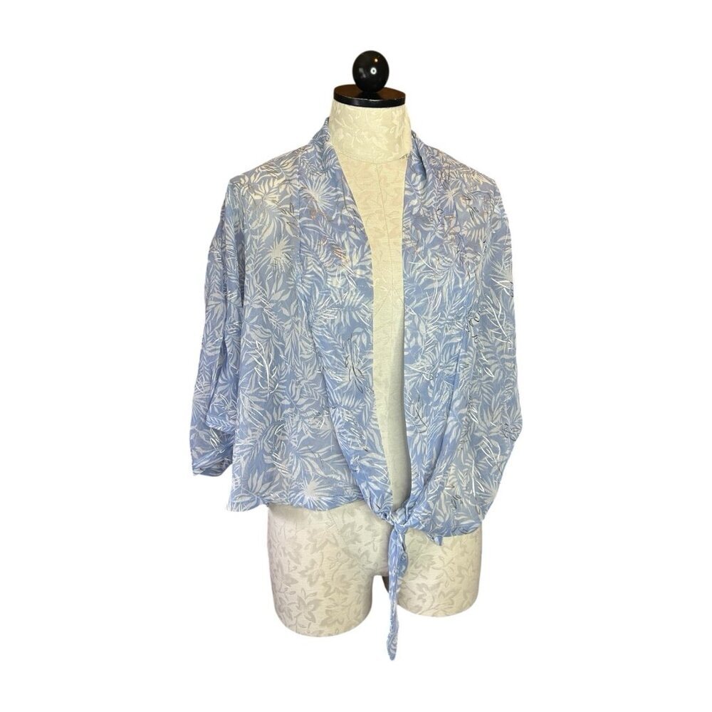 Vince Camuto Blue Chiffon Floral Sheer Shimmer Short Sleeve Duster Top One Size